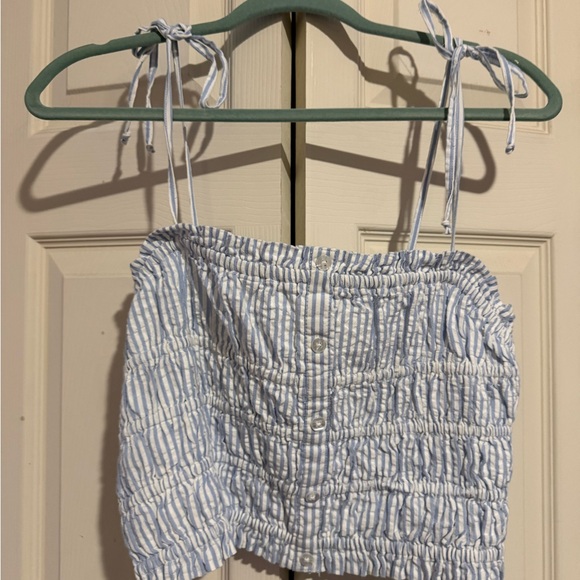 Woman’s Smocked Seersucker Striped Blue and White Tank Top and Matching Skirt - Picture 1 of 6